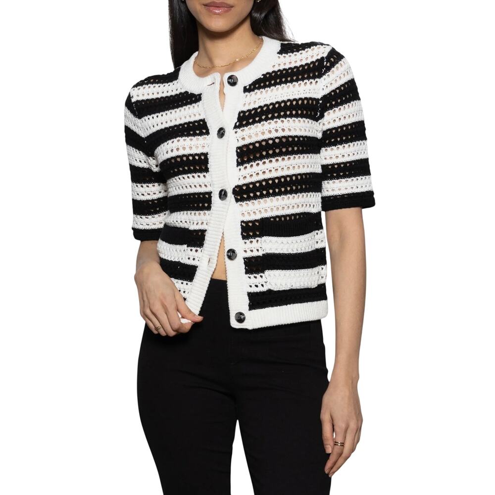 Sanctuary Crochet Knit Short Sleeve Cardigan, Chalk Black, Women's Small, NWT